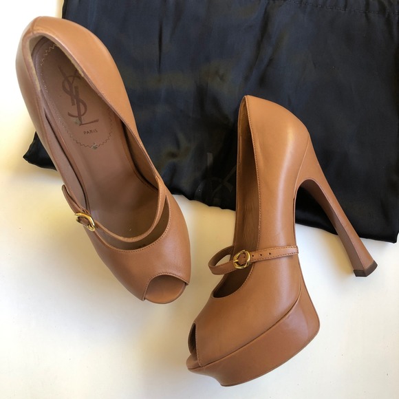 Yves Saint Laurent YSL Brown Leather Platform Peep Toe Heels Pumps Sz8 Dust Bag - Picture 1 of 8